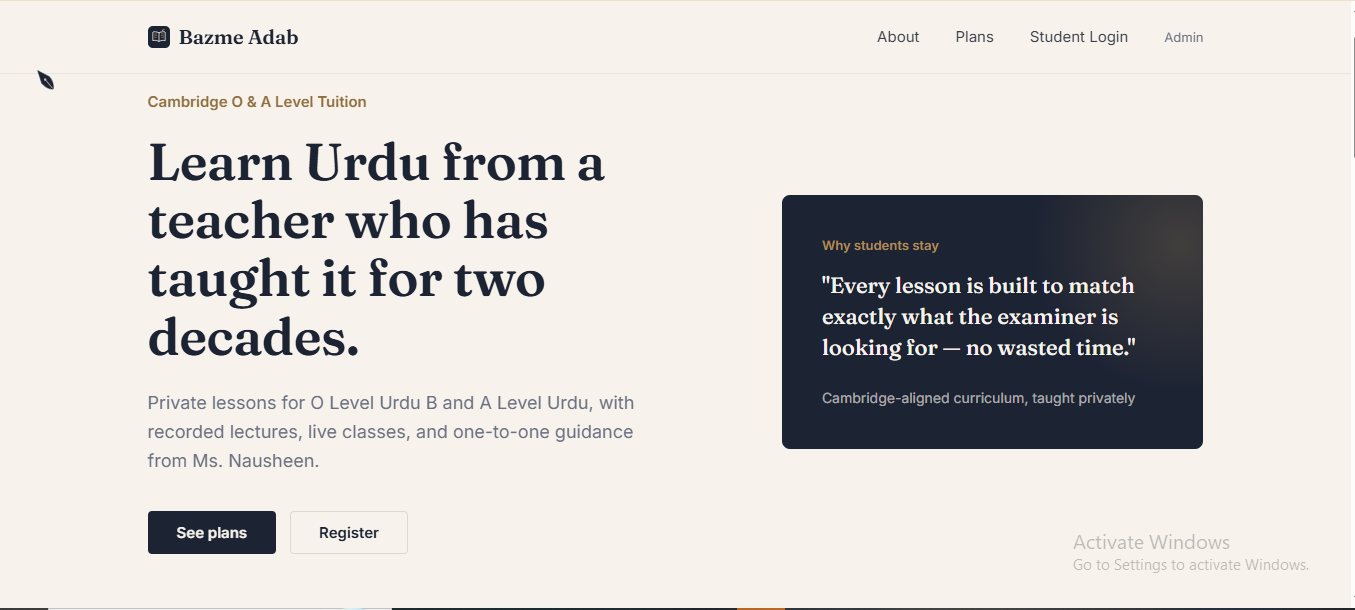 Bazme Adab Urdu Tuition Website by Vanta Studios